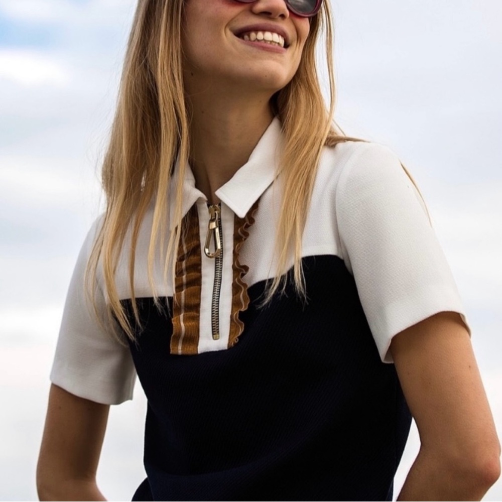 NWT Sandro Anne Runway zipper shirt dress navy white 34